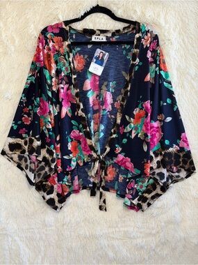 SPLA Womens Boho Floral Leopard Print Kimono Top Size L Navy Multi Resortwear